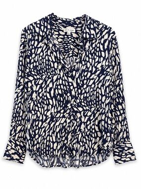 Alex & Jordan Navy Cream Abstract Print V-Neck Long Sleeve Button Blouse Size L